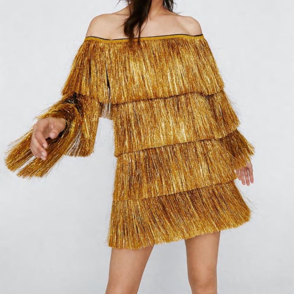Bardot Long Sleeve Tinsel Fringe Mini Dress